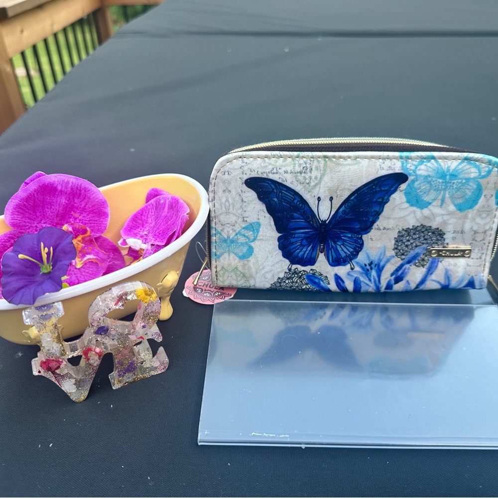 Blue Butterfly Wallet Clutch Zip around textile  by Chula NWT.